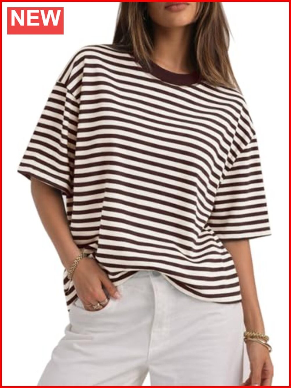 Oversized Striped T-Shirt for Women Y2K Crewneck Short Sleeve Cotton Blend